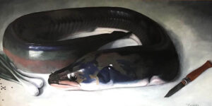 Heike Munser – „Aal von Jan“, Öl auf Leinwand, 70 x 140, 2022