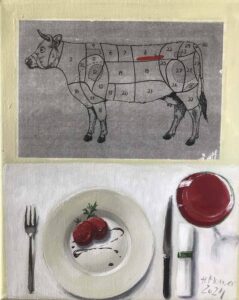 Heike Munser – „Es ist angerichtet“, Mischtechnik auf Leinwand, 27 x 22, 2024