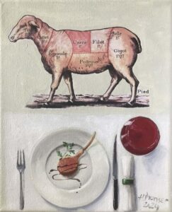 Heike Munser – „Es ist angerichtet IV“, Mischtechnik auf Leinwand, 27 x 22, 2024