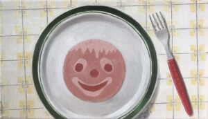 Heike Munser – „Fleisch gewordenes Lächeln“, Öl auf Leinwand, 21 x 33, 2025